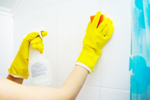 Cleaner applying product carefully to a carpeted surface